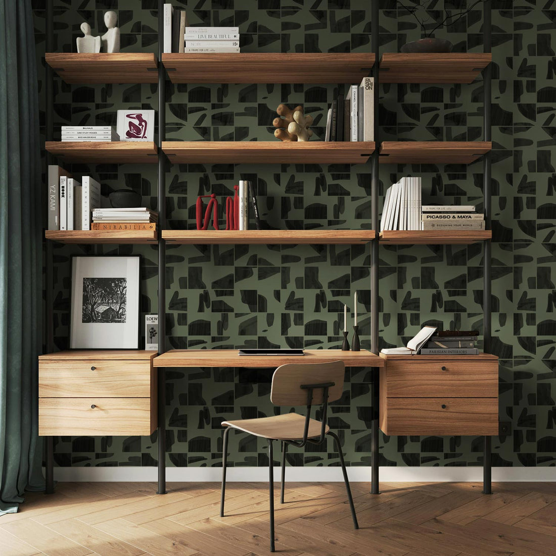 Black & Olive Geometric Wooden Tile Wallpaper