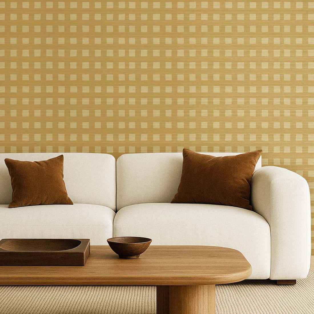 Butter Yellow Modern Plaid Grasscloth Wallpaper