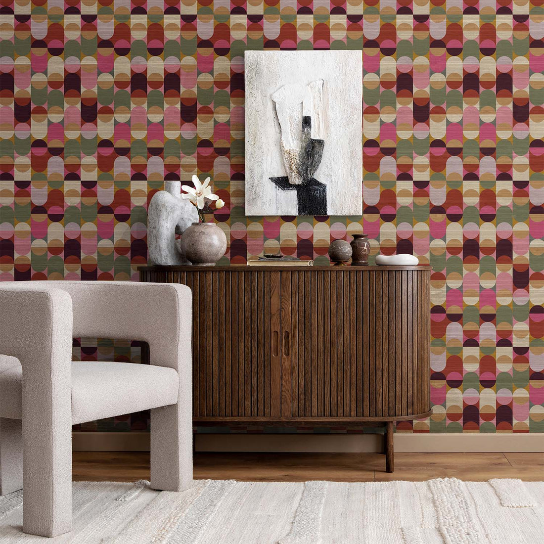 Colorful Retro Design Grasscloth Wallpaper