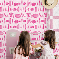 Vintage Farmhouse Vegetable Wallpaper in Bright Pink