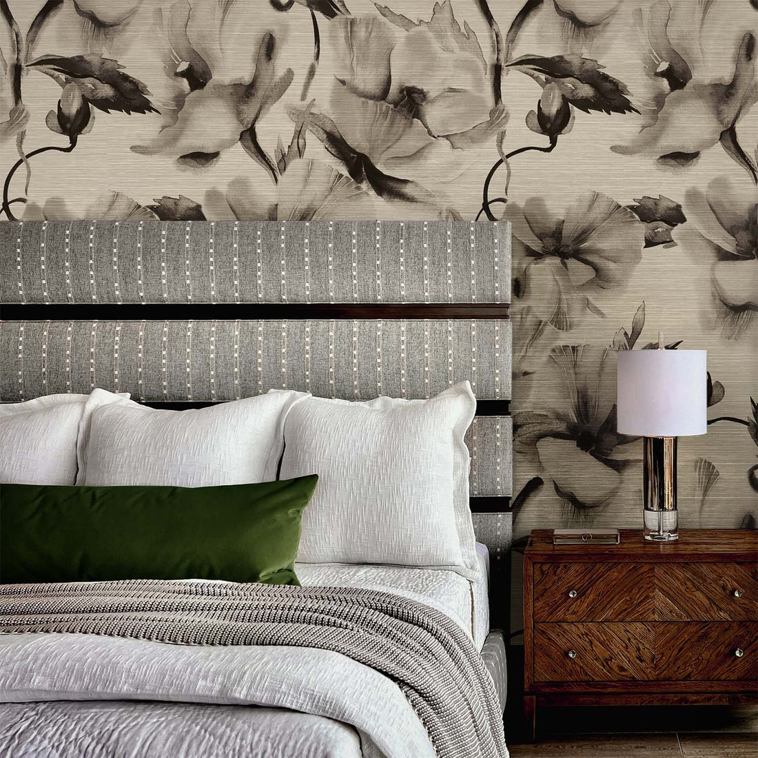 Espresso Brown Oversized Floral Grasscloth Wallpaper