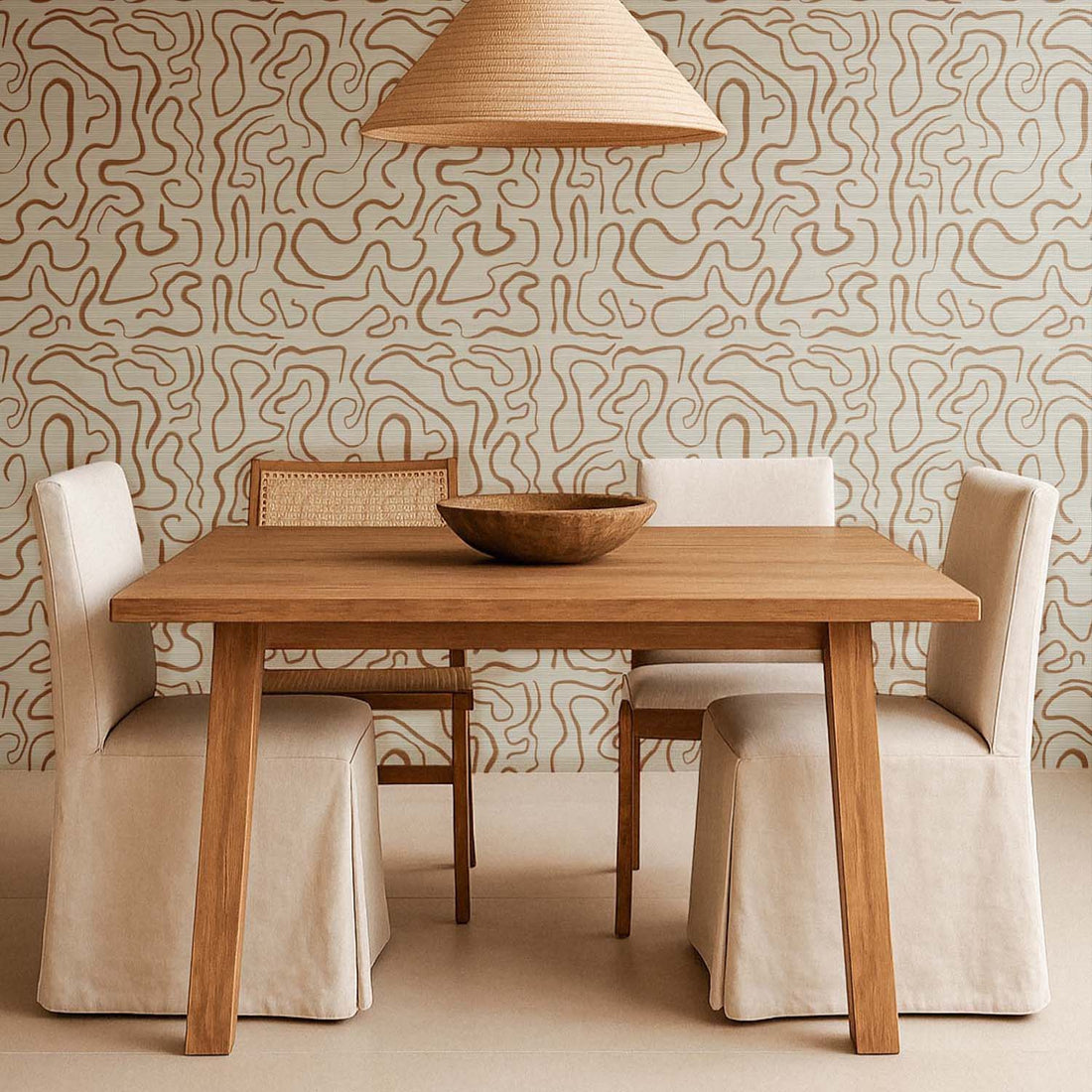 Neutral Abstract Funky Lines Grasscloth Wallpaper