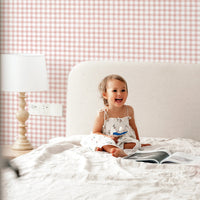 pink plaid wallpaper in cute girls bedroom interior