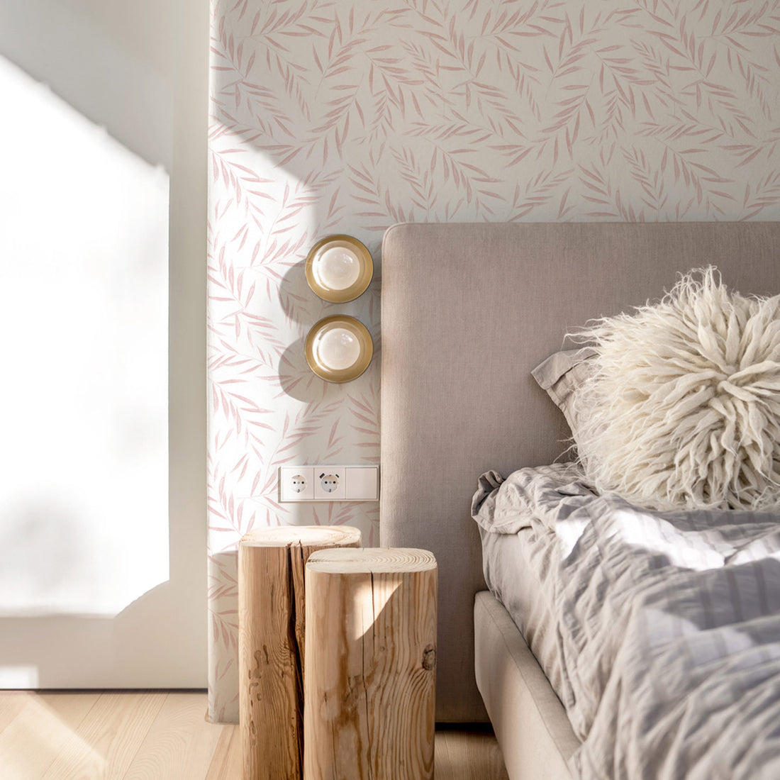 girly bedroom interior with pink botanical wallpaper pattern