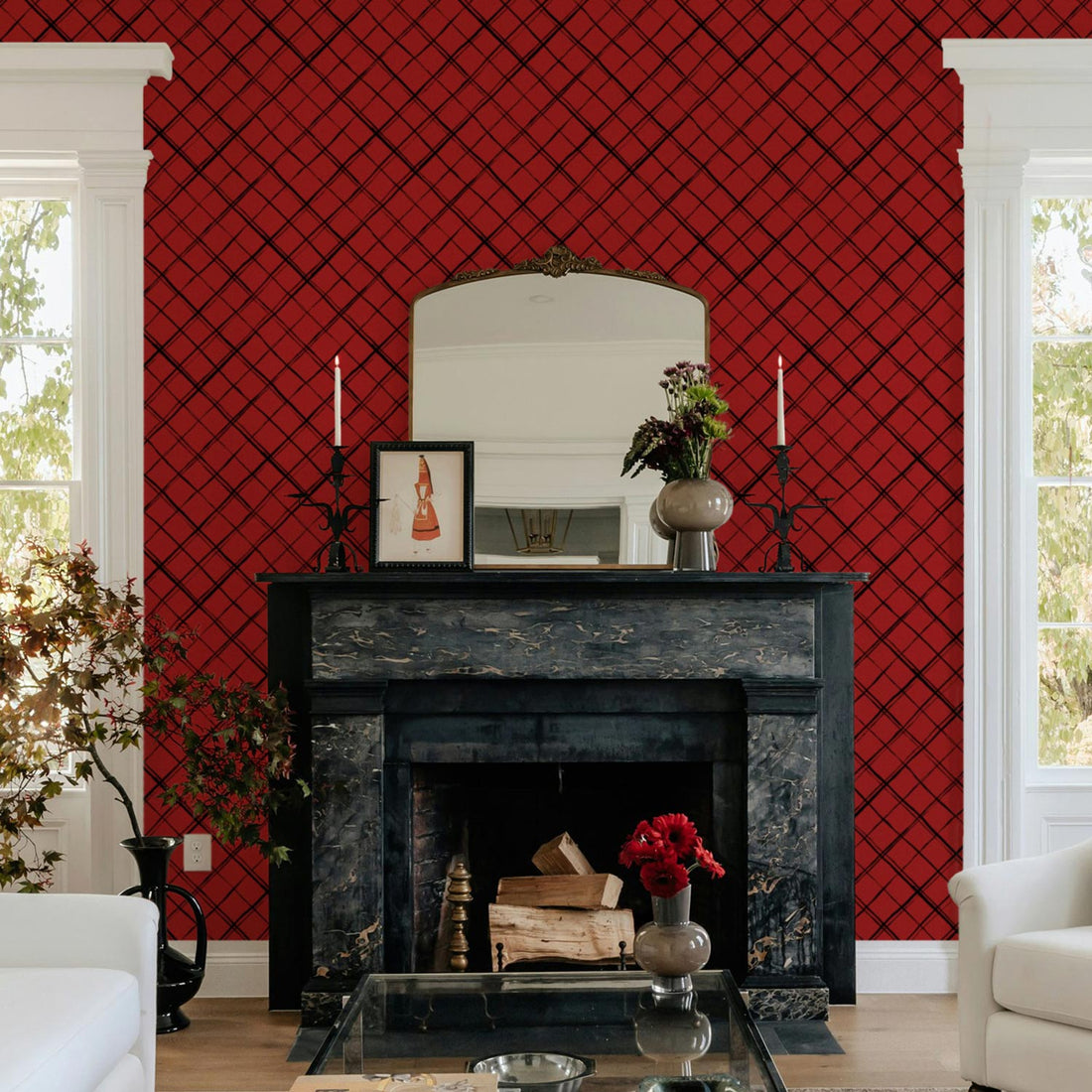 Red Minimal Plaid Print Wallpaper