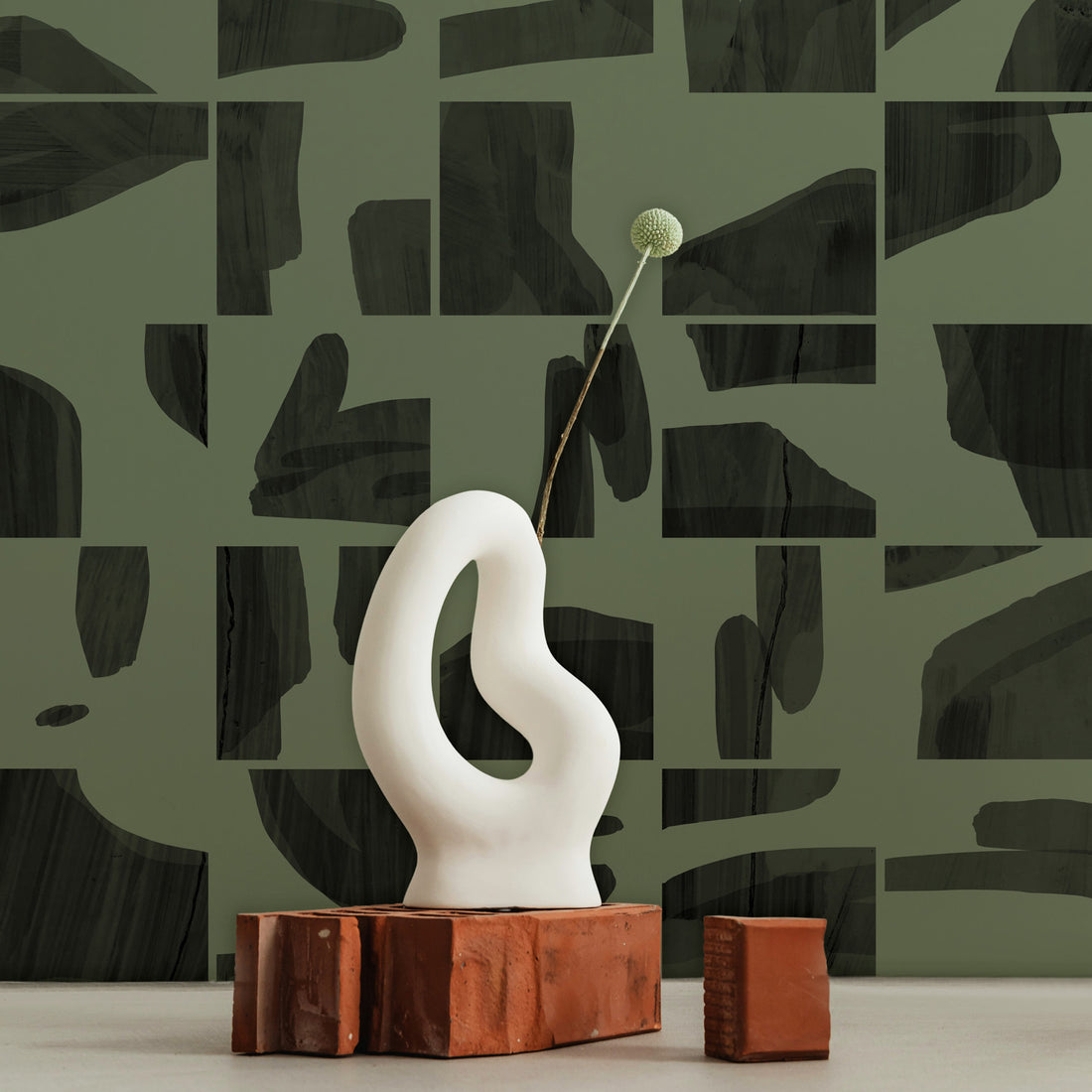 Black & Olive Geometric Wooden Tile Wallpaper