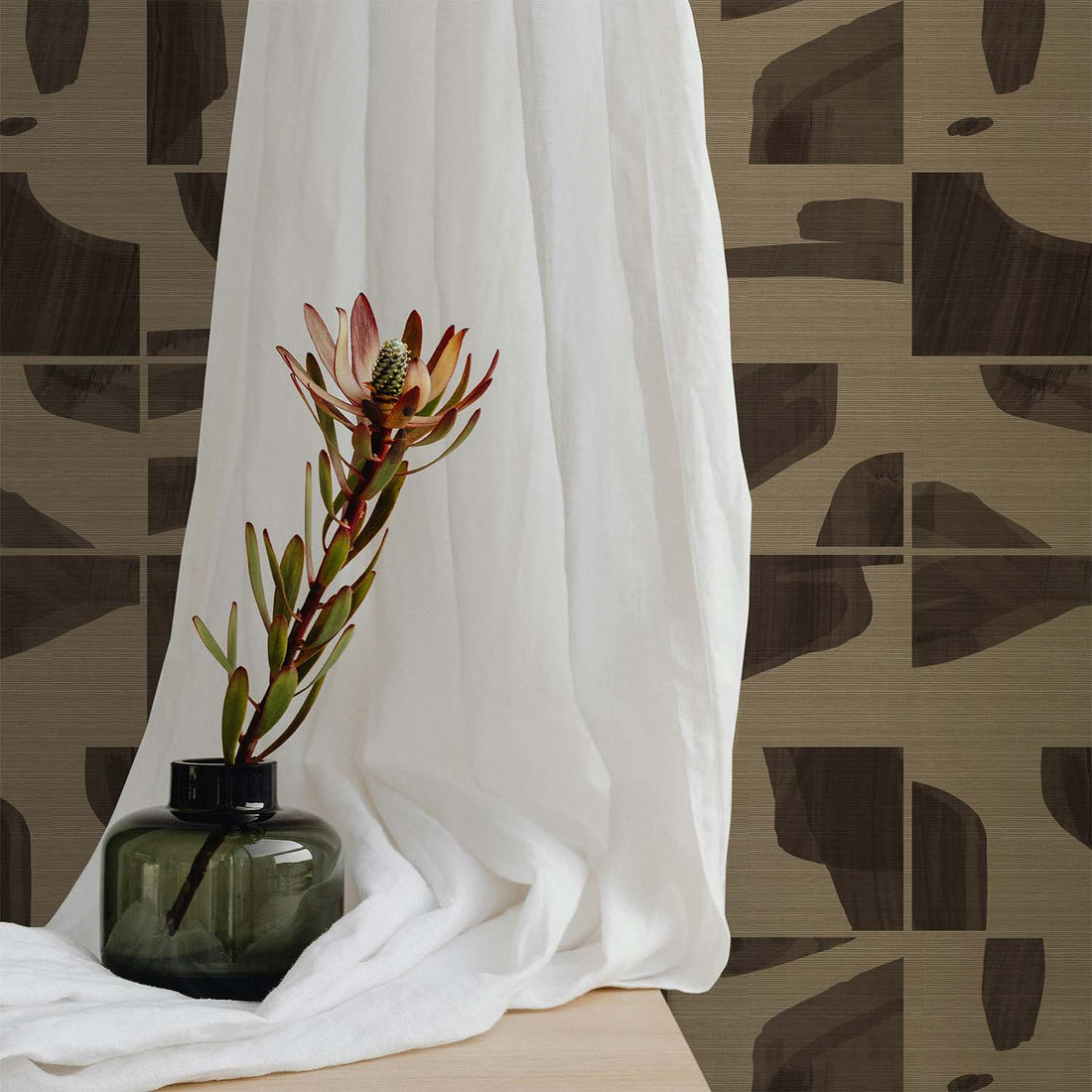 Dark Brown Wooden Tiles Grasscloth Wallpaper