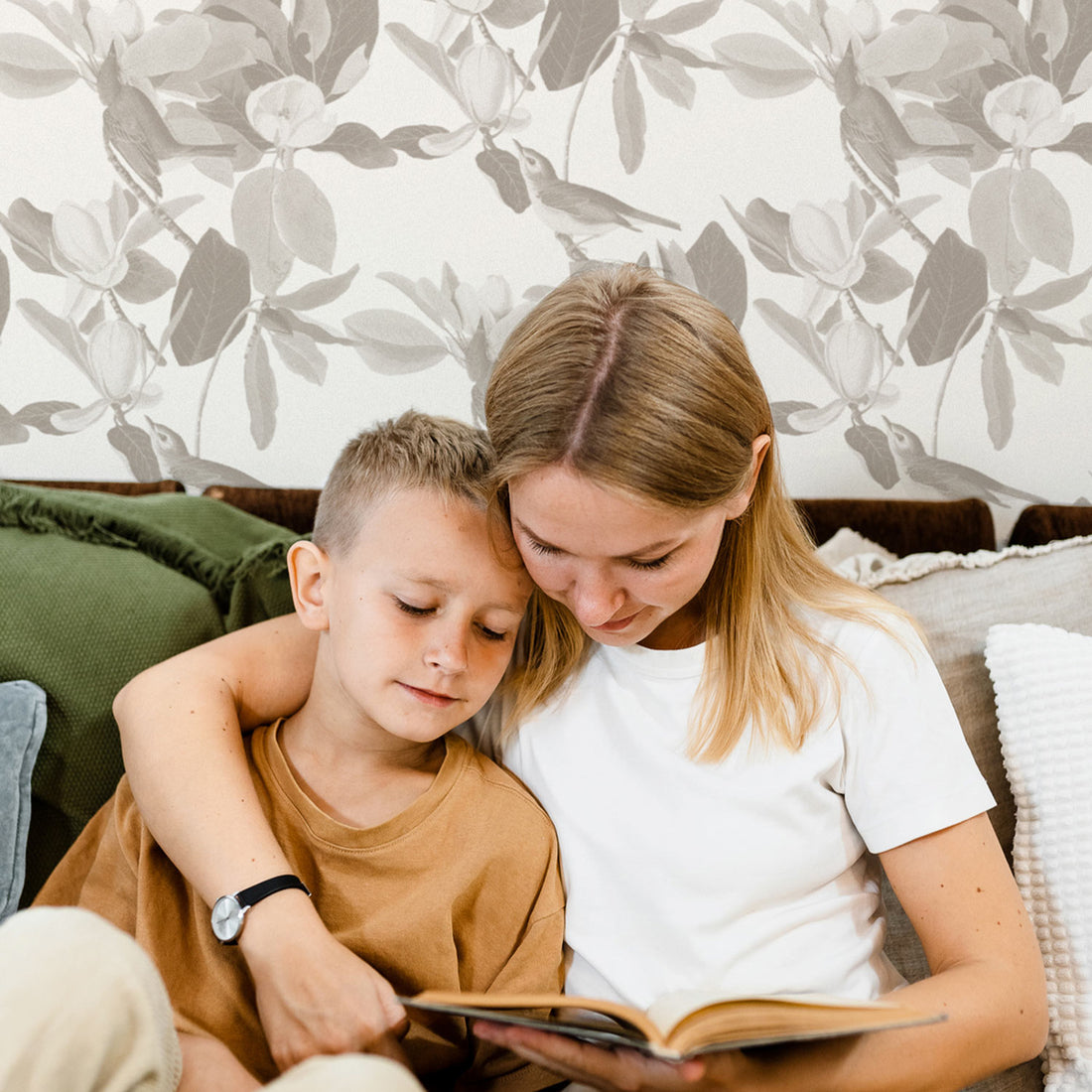 Vintage cottage style kids room interior with botanical garden wallpaper with birds