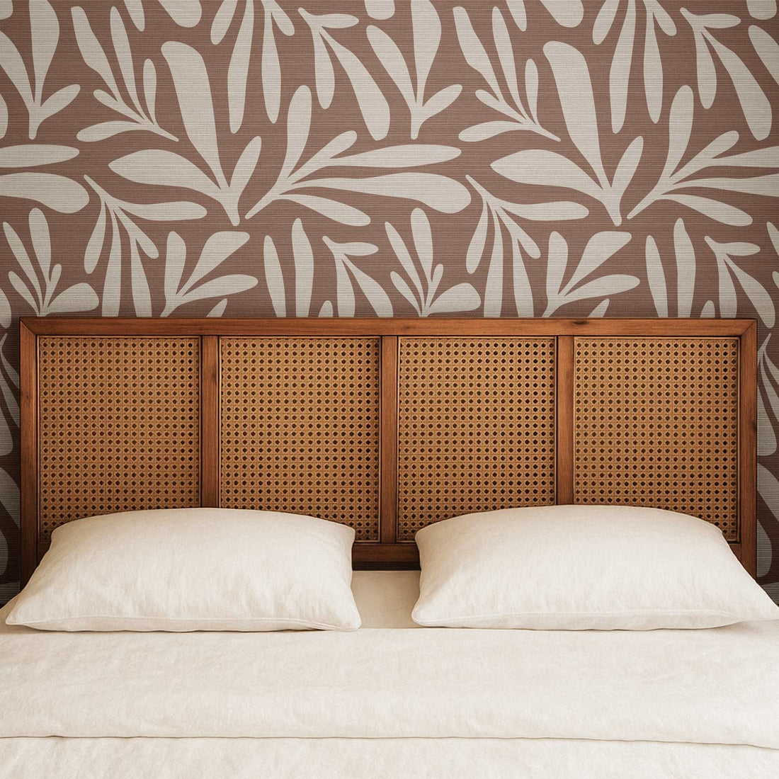 Mocha Color Floral Design Grasscloth Wallpaper