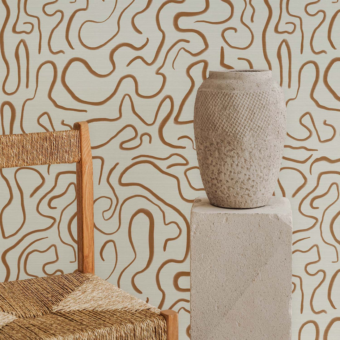 Neutral Abstract Funky Lines Grasscloth Wallpaper