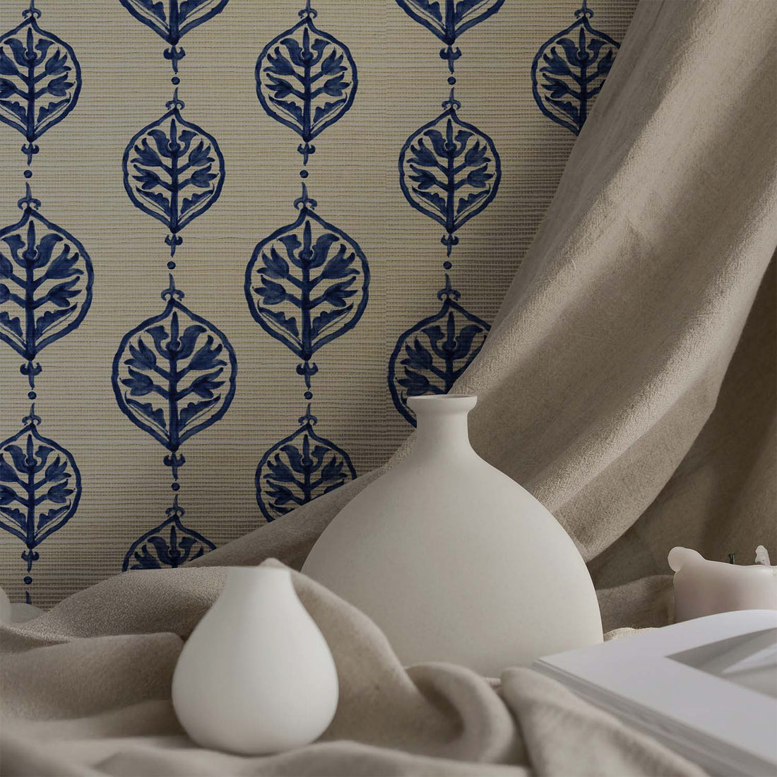 Vintage Floral Ornament Grasscloth Wallpaper