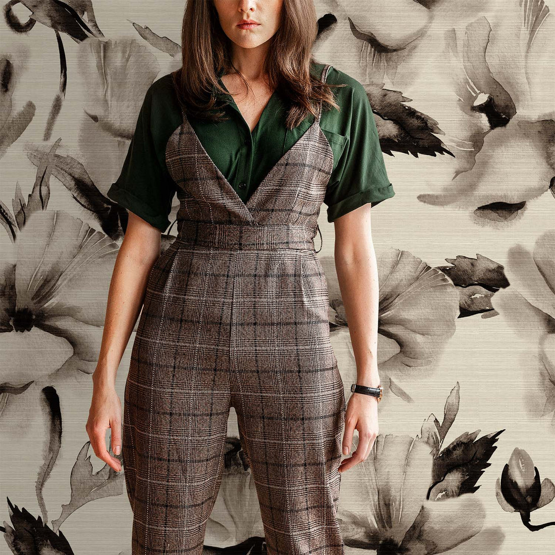 Espresso Brown Oversized Floral Grasscloth Wallpaper