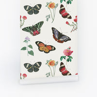 Vintage kids room removable wallpaper with colorful butterflies and meadow flowers