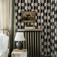 Black and white silk wallpaper with elongated geometric shapes in vertical columns