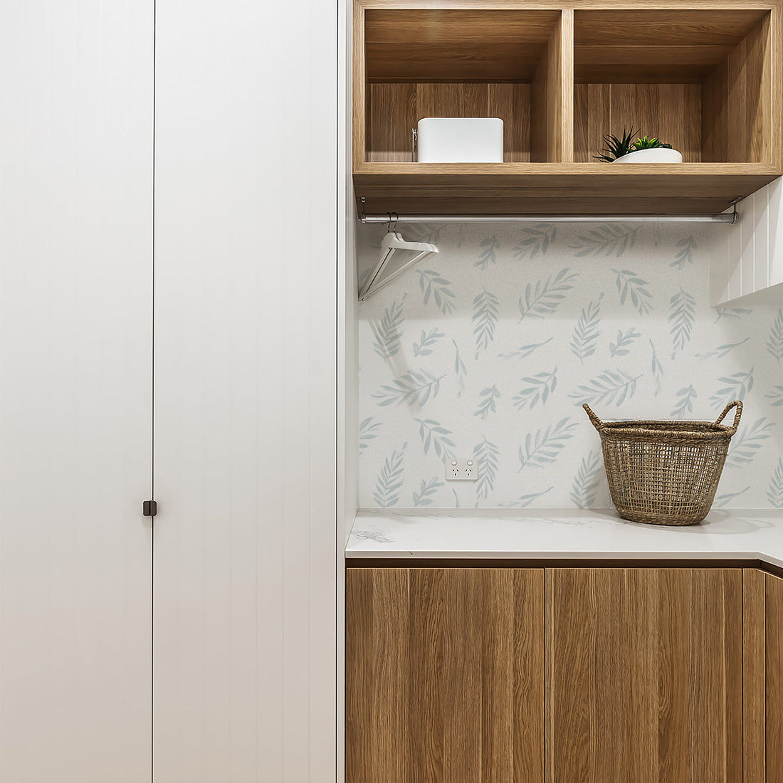 Modern hand drawn botanical removable wallpaper in light blue color