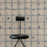 Navy alphabet letters and animal icons on tan plaid silk wallpaper