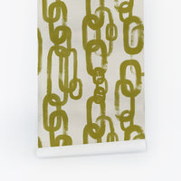 Chartreuse green painted chain link pattern on cream silk-textured wallpaper