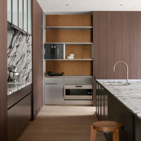 Modern luxury kitchen interior with viola marble counter top and eclectic cheetah print wallpaper