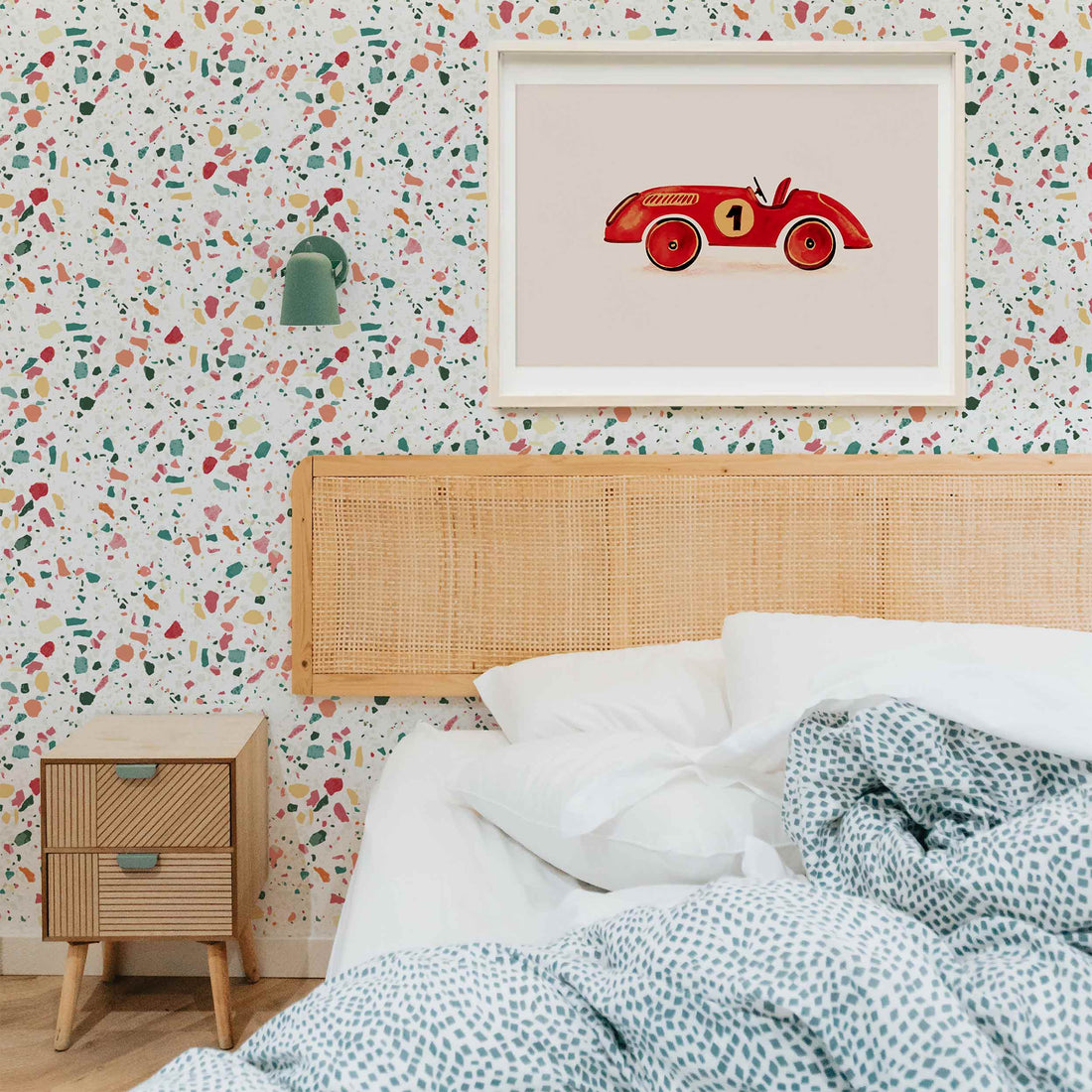 colorful boys room interior with terrazzo wallpaper
