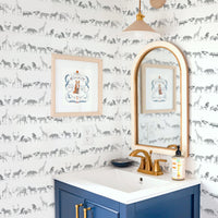 national park inspired wallpaper with grey safari animals in kids batrhoom
