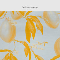 Light blue wallpaper with yellow lemon and leaf botanical pattern