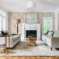 neutral living room interior with african symbol pattern accent wall