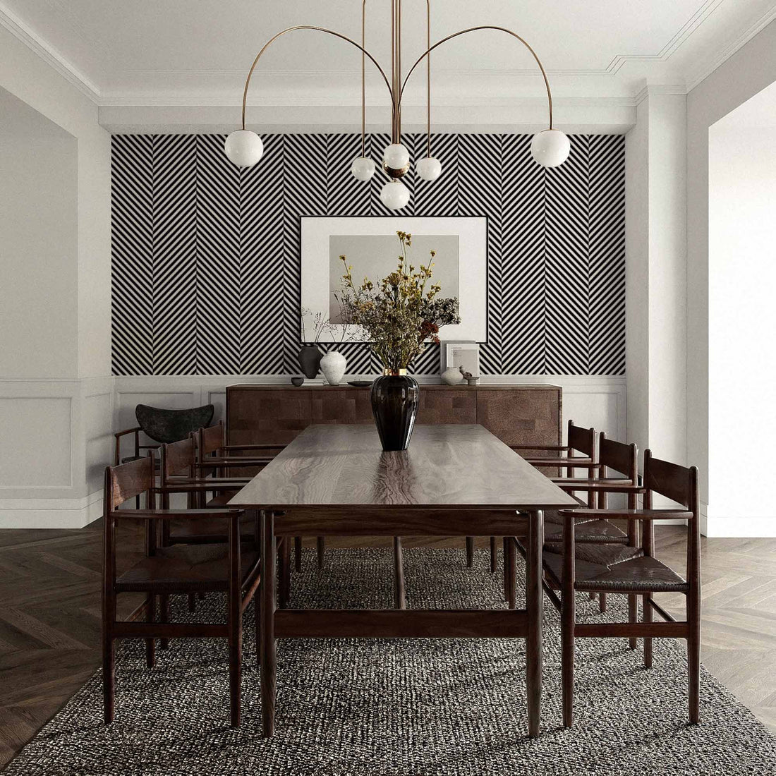 luxurious dining room interior with bohemian striped wallpaper in black and white