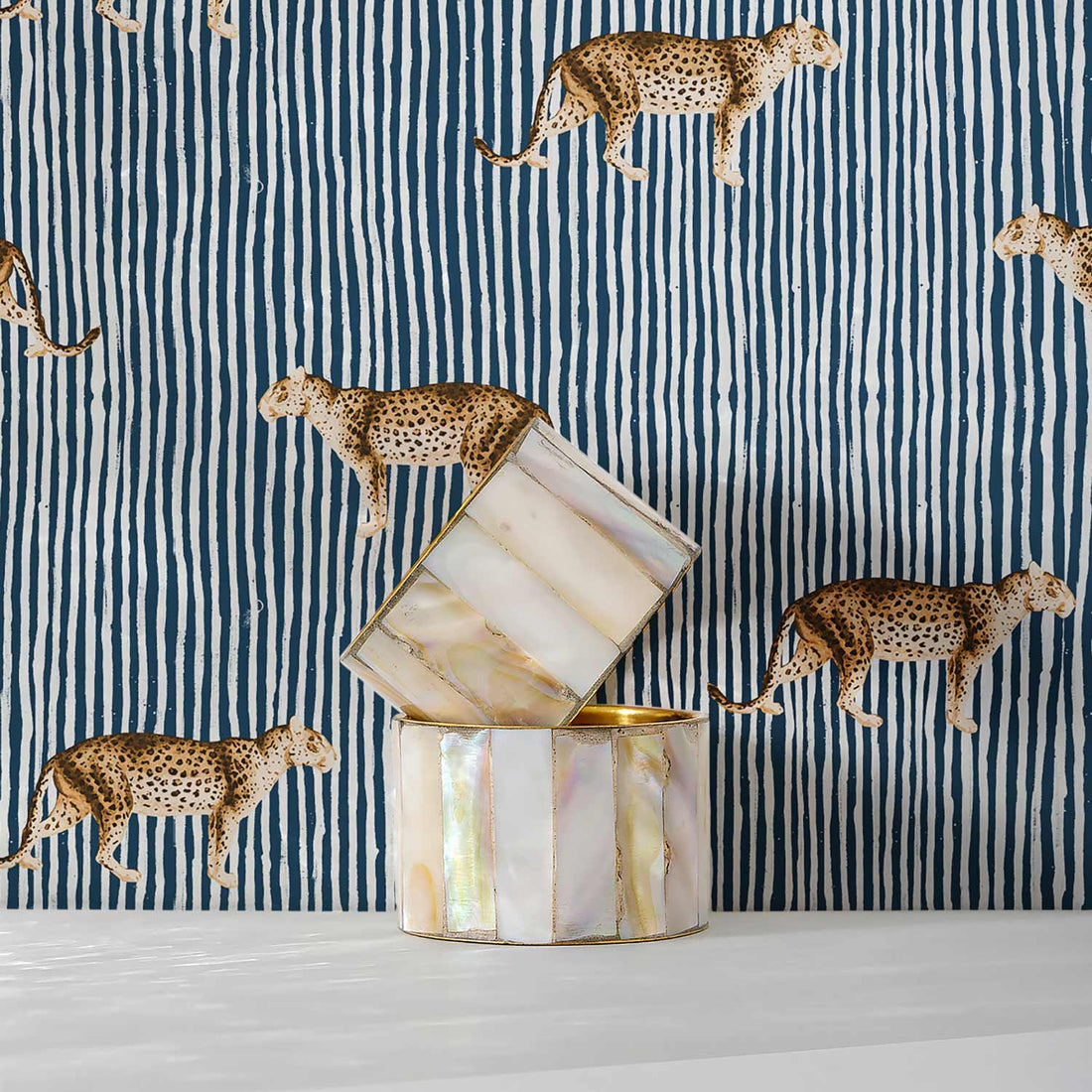 Coastal bedroom interior with leopard design removable wallpaper