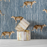 Coastal bedroom interior with leopard design removable wallpaper