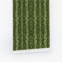 Olive green silk wallpaper roll with textured snakeskin scale pattern