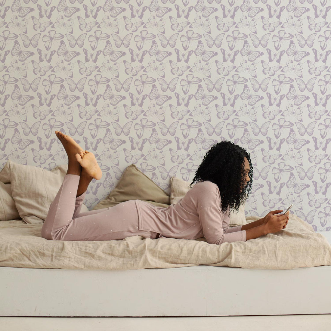 White teen room interior with lavender color butterflies wallpaper accent wall