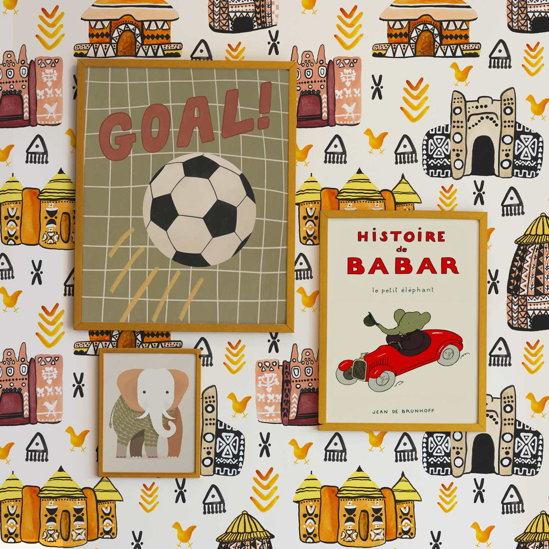 modern boys room interior with african village inspired wallpaper