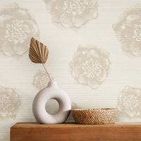 Neutral Big Abstract Flowers Grasscloth Wallpaper