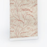 Cream wallpaper with rust red botanical wildflower sprig pattern