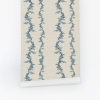 Vintage Floral Garland In Blue Grasscloth Wallpaper