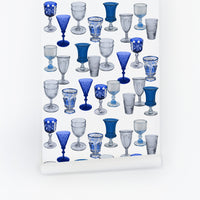 multiple blue glasses on wallpaper for fun kitchen interior design