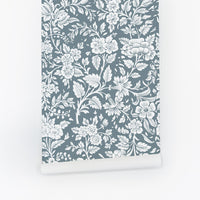 blue retro flowers peel and stick wallpaper