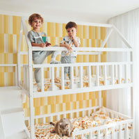 pastel yellow kids bedroom geometric wallpaper