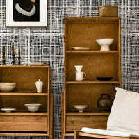 modern contemporary living room space with black and white removable wallpaper