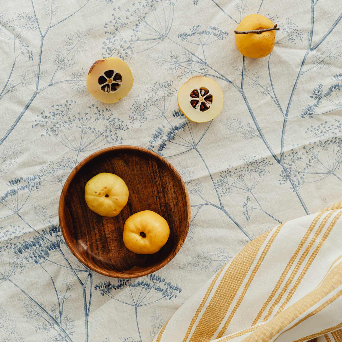 botanical tablecloth design in light blue
