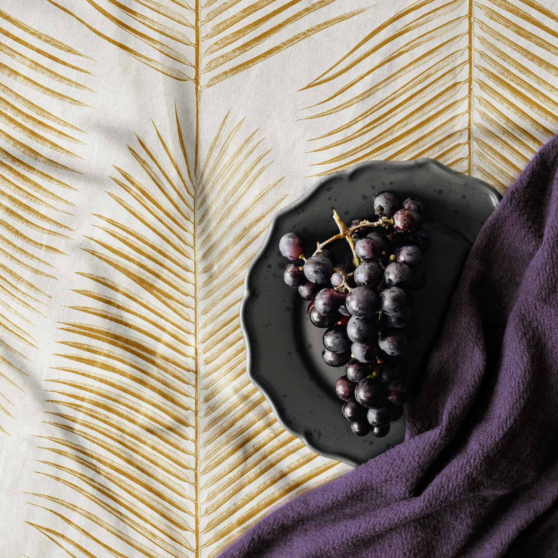 elegant fabric tablecloth with faux gold palm leaves