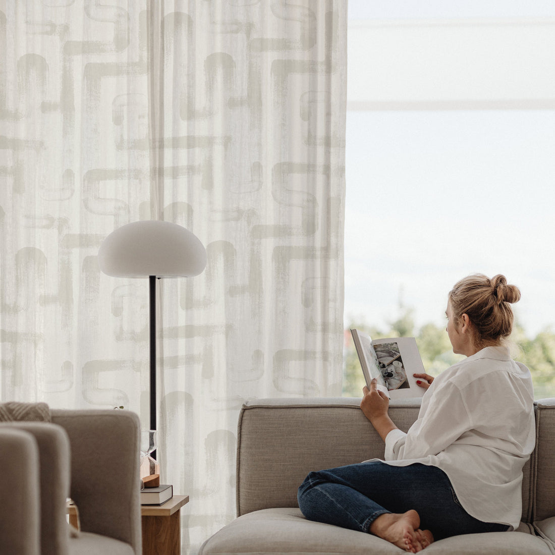neutral lines print fabric curtains in elegant interior