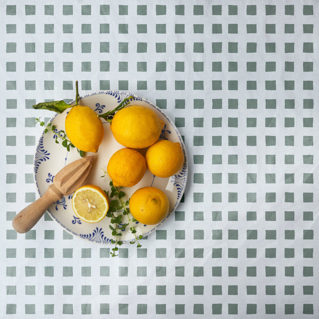 plaid fabric tablecloth in green