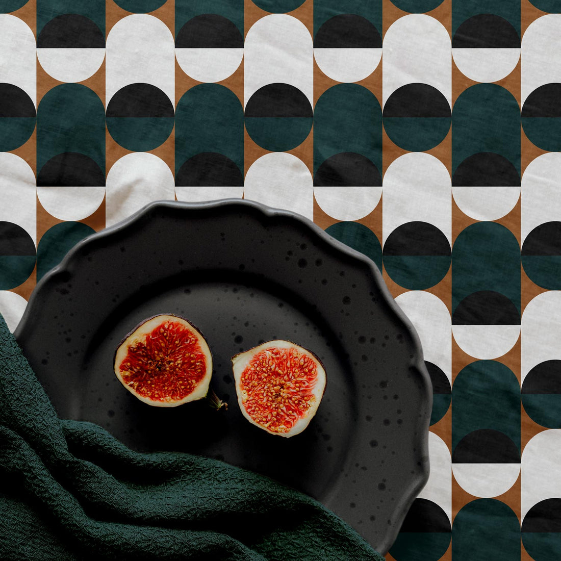 retro circle print fabric design in green and brown