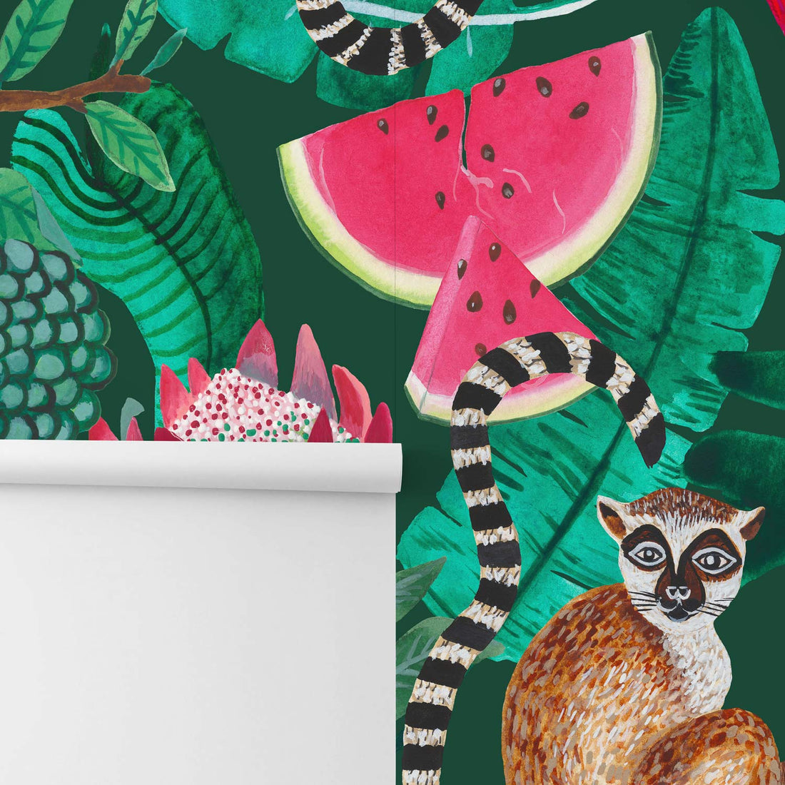 watermelon and palm tree wall mural in bright colors