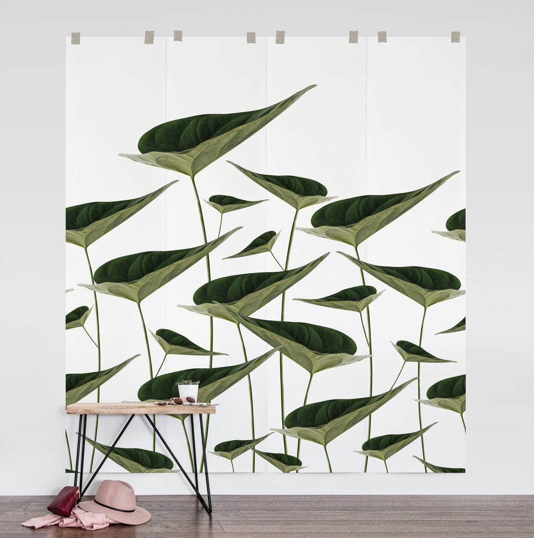 Large botanical leaves wall mural in modern bedroom interior