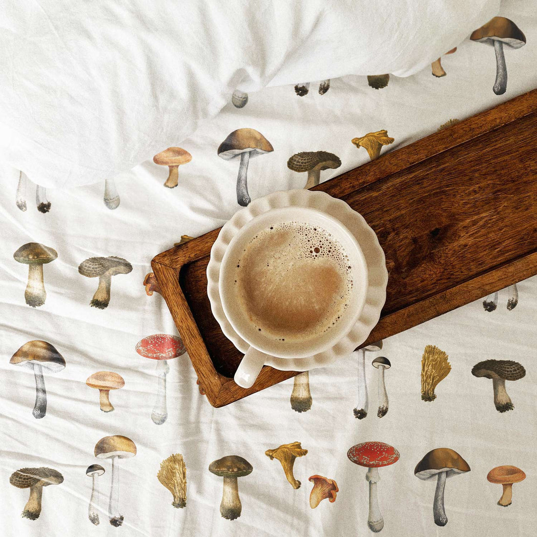 colorful fabric bed cover with mushroom print