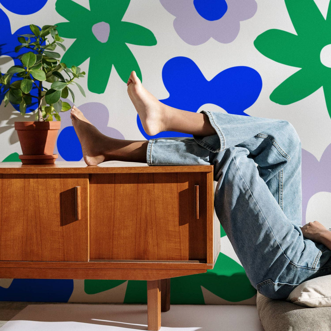 bright and colorful large flowers print wall mural