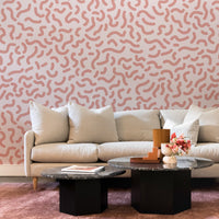 scandinavian style living room interior with crooked lines print wallpaper