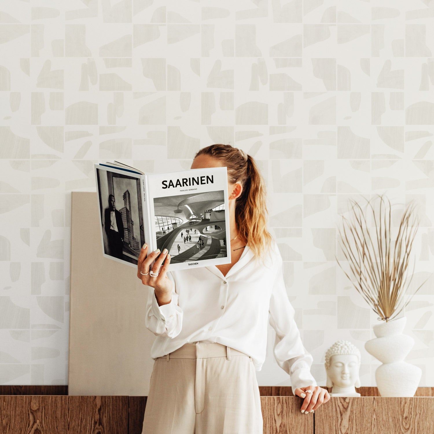 Neutral Geometric Wooden Tile Design Removable Wallpaper by Livettes